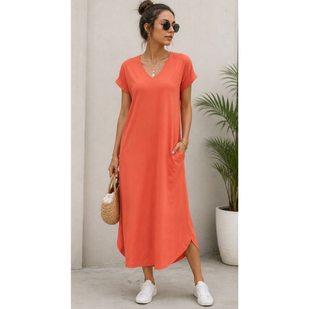 Entro Coral jersey T-shirt Maxi Dress V Neck Pockets NWT Sz L